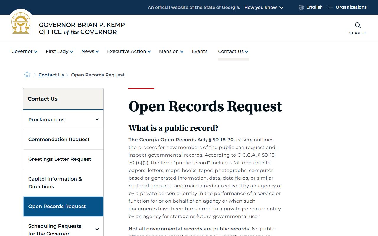 Georgia Governor's Office open records request portal