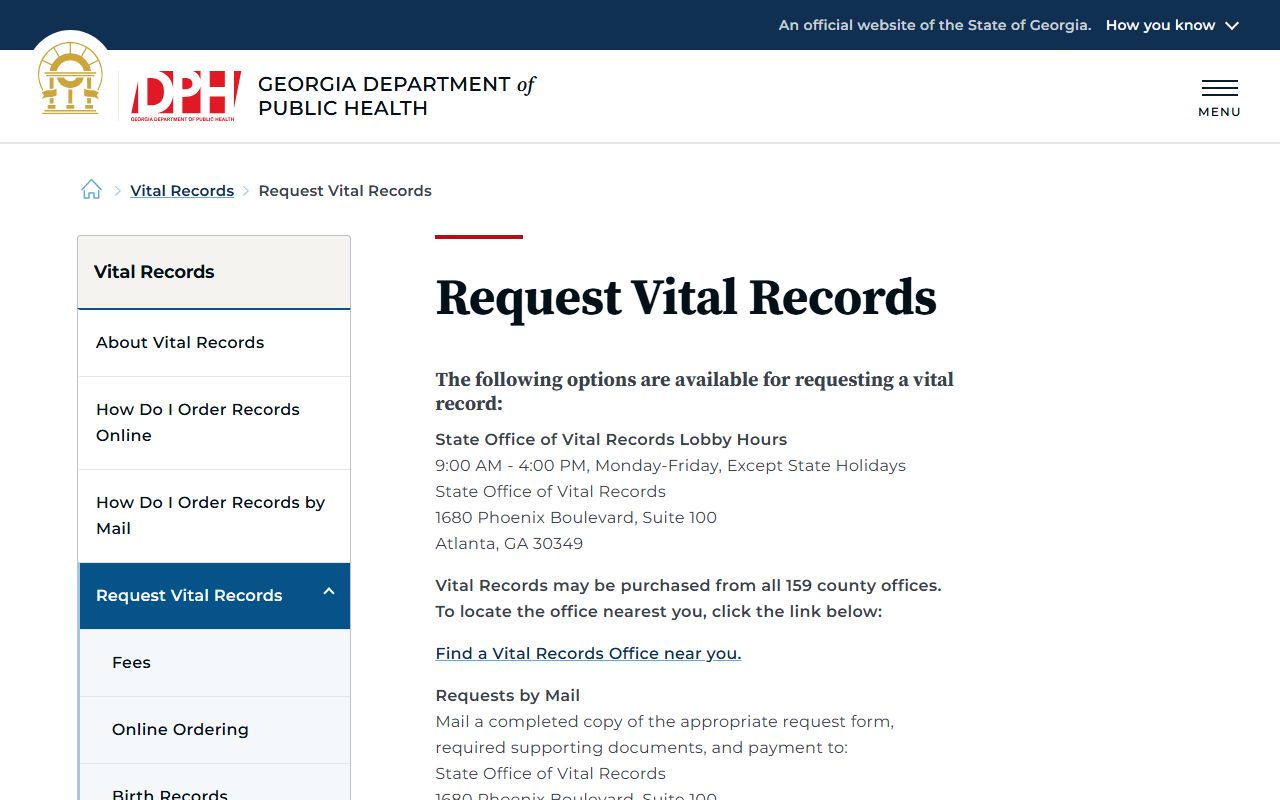 Georgia Department of Public Health vital records request page